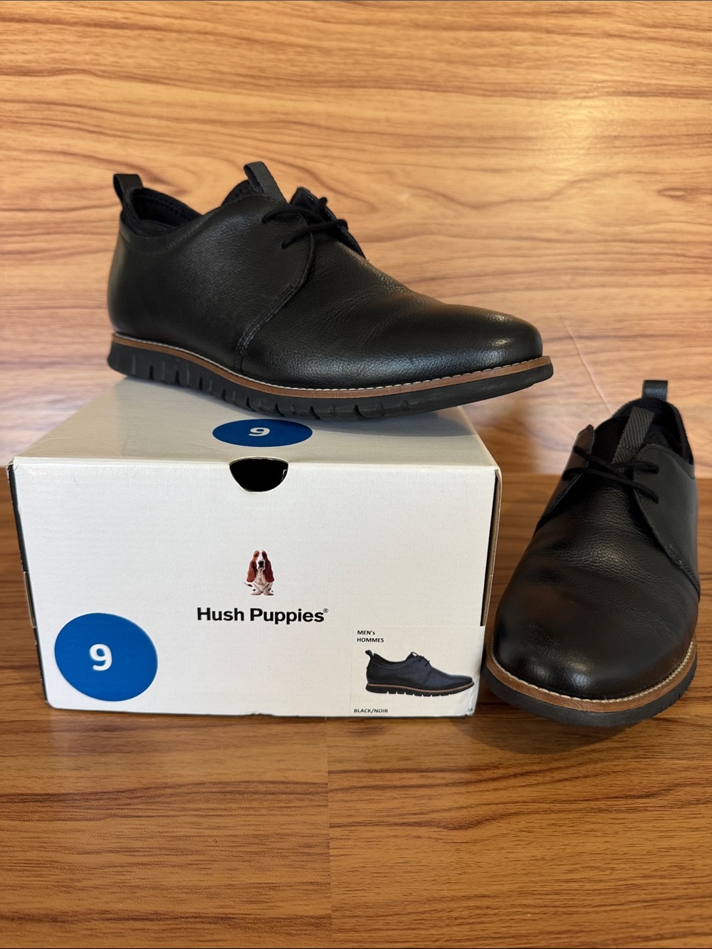 Hush Puppies Men’s Black Leather Derby Shoes with Brown Trim